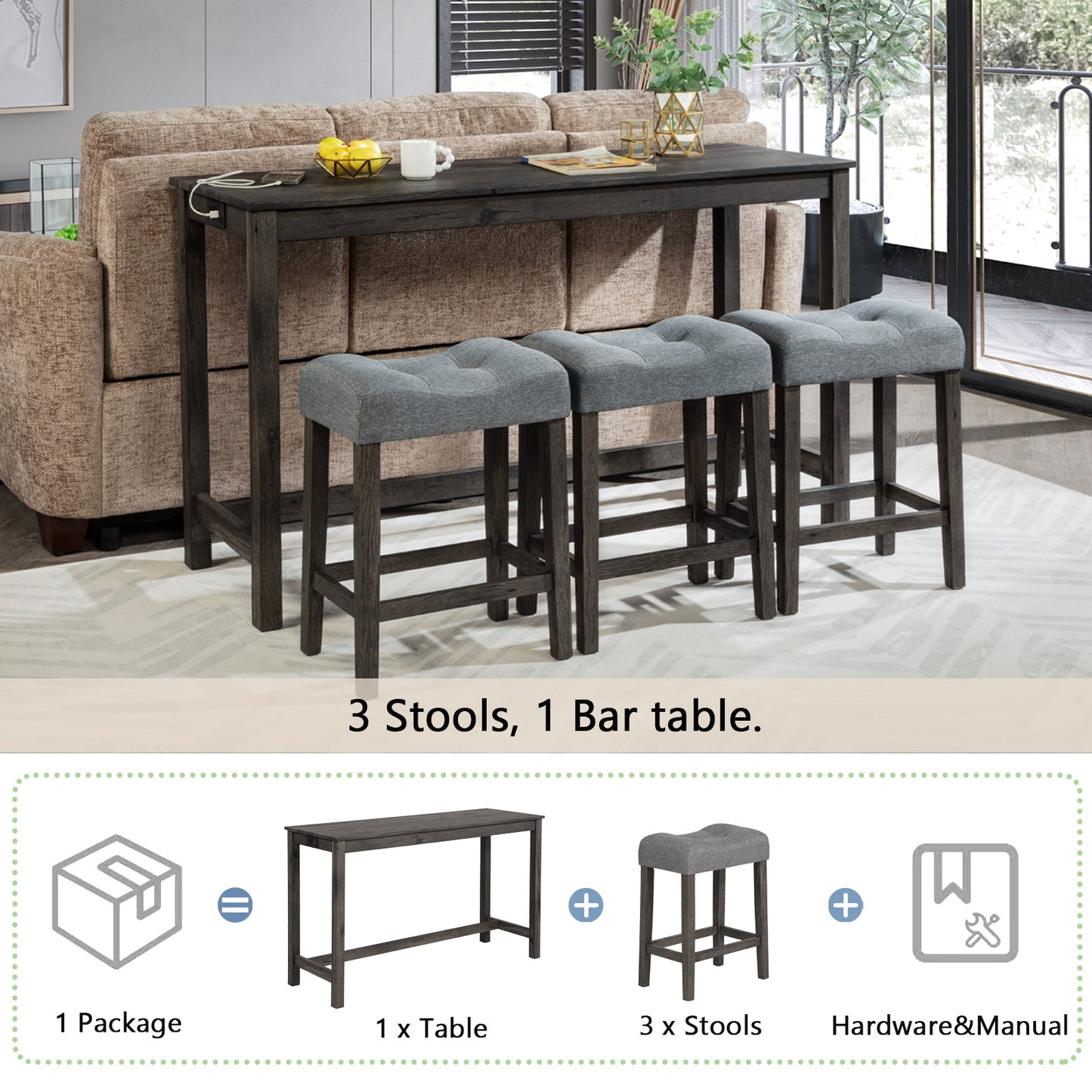 4 Piece Bar Table Set with Power Outlet Dark Gray Stools