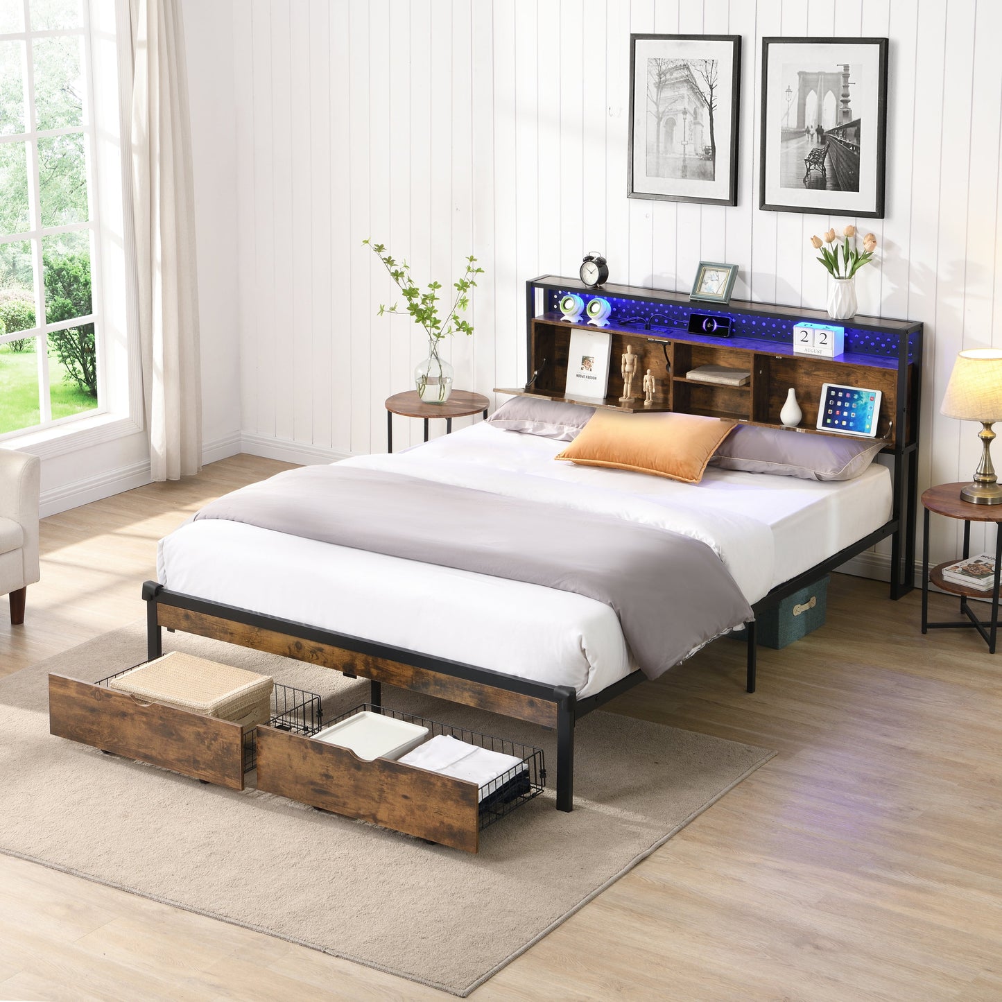 King Size Metal Platform Bed Frame with USB Charging Station