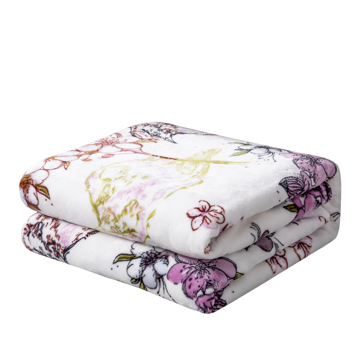 Flannel fleece throw blanket with floral blossoms and cottage birds pattern.