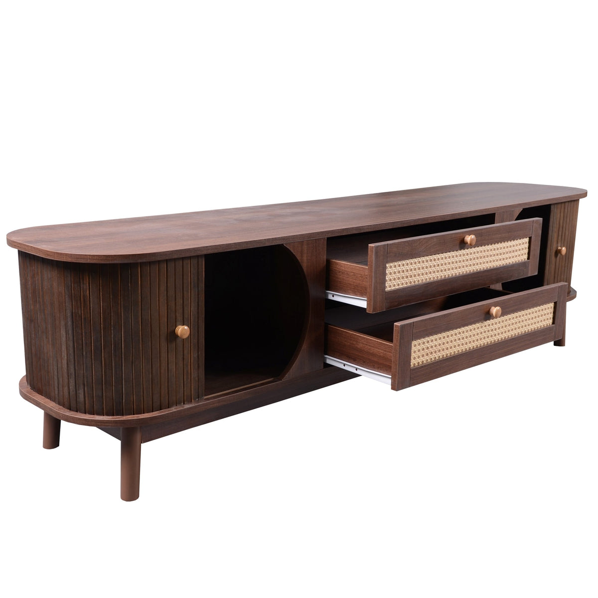 Rattan TV stand with slatted doors, 60-69 inches wide, for TVs up to 75 inches.
