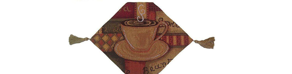 Brown tapestry table runner with coffee cup latte java design and gold tassels.