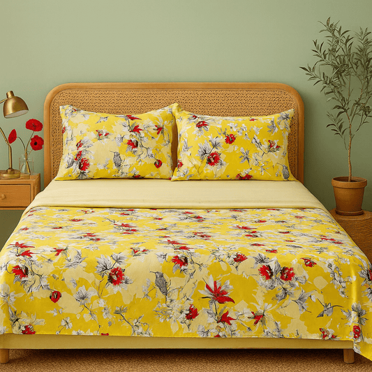 Yellow Hummingbirds Floral Fitted Flat Sheet Set For Twin To Cal King