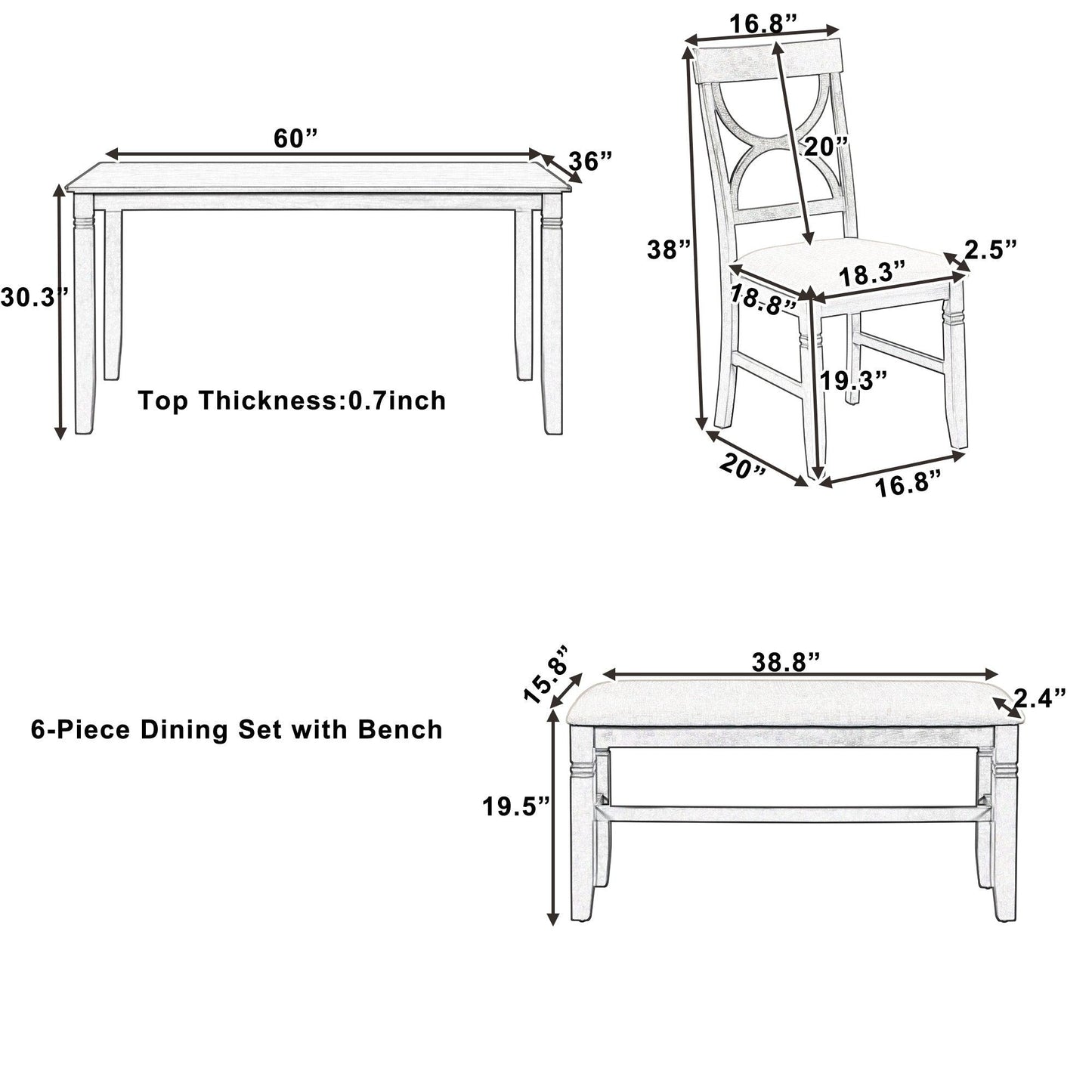 6-Piece Wood Dining Table Set with Bench and Chairs