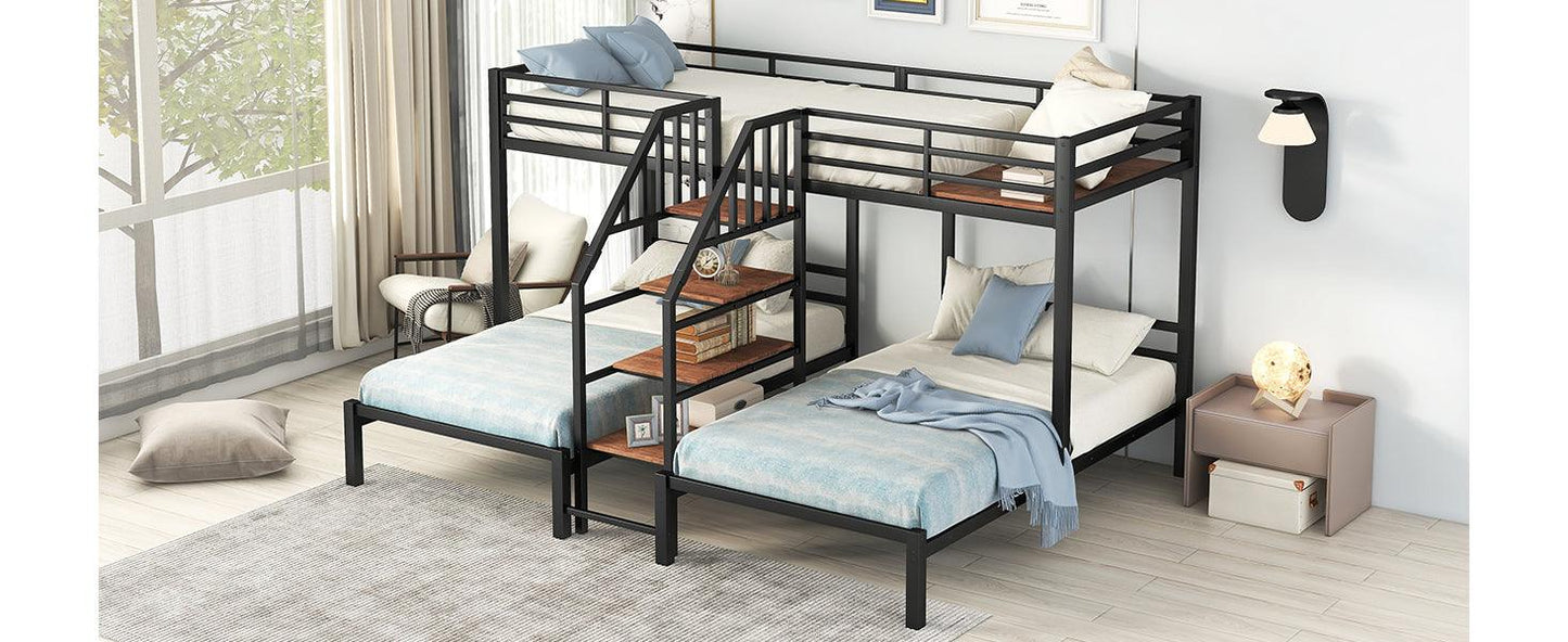 Metal Twin Over Twin & Twin Bunk Bed With Storage Shelves