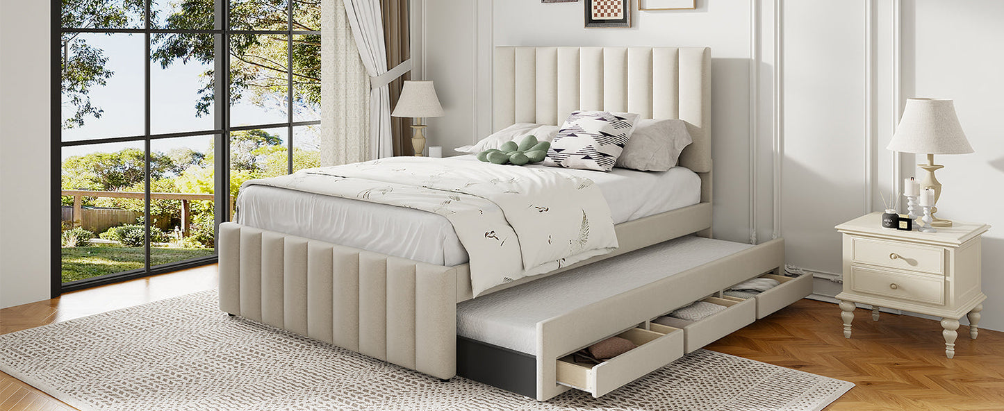 Full Size Upholstered Platform Bed with Trundle and Drawers