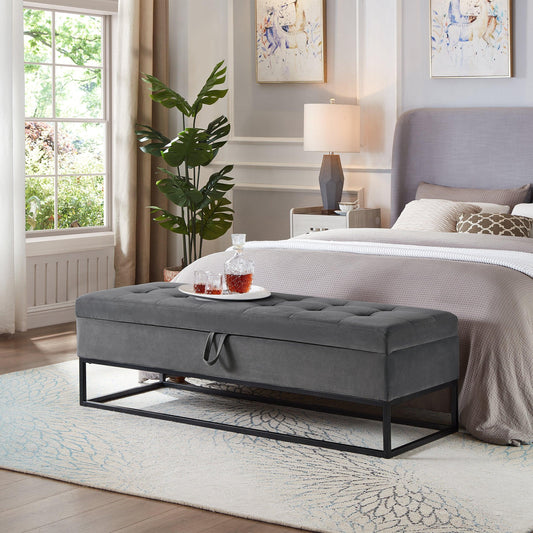 Bed Bench Metal Base with Storage Grey Velvet