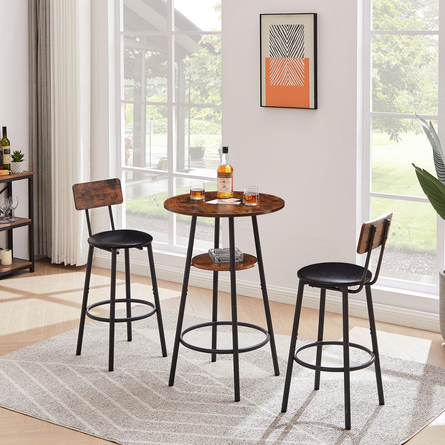 Rustic Brown Upholstered Bar Stool Set with Shelf and Backrest