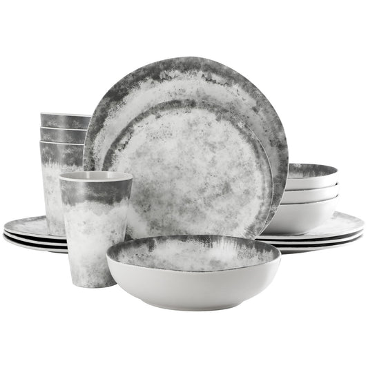Gibson Elite Organic Decal 16 Piece Melamine Dinnerware Set In Gray And White, Includes Plates And Bowls