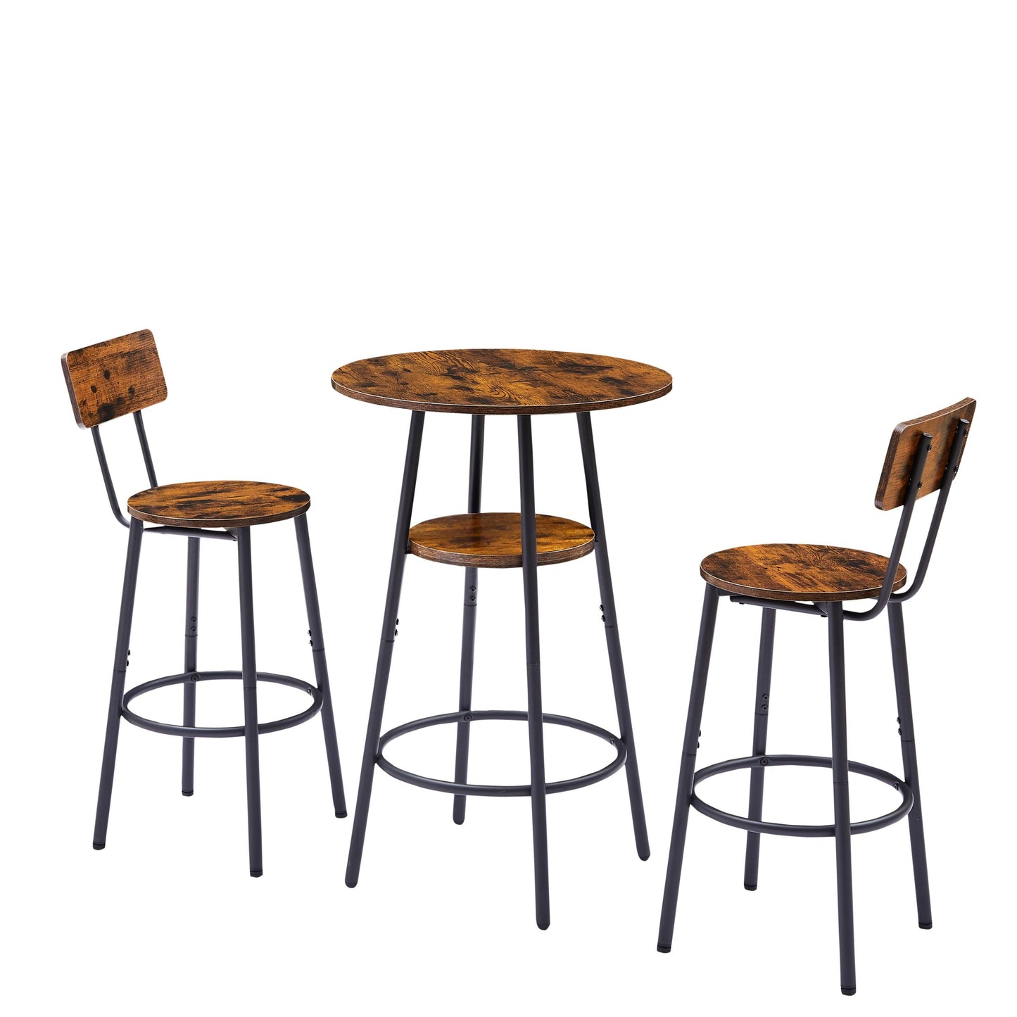 Rustic Brown Round Bar Stool Set with Circular Shelf and Backrest, 23.6'' Dia x 35.4'' H