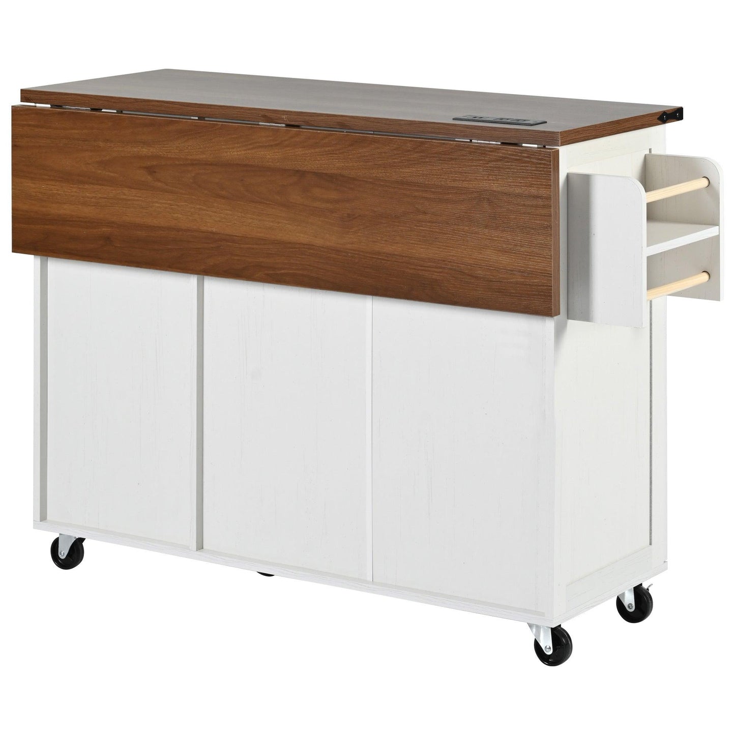 54.5" Rustic Farmhouse Kitchen Island with Power Outlet and Storage, Rolling Cart with Drop Leaf and Spice Rack, White Wood Finish