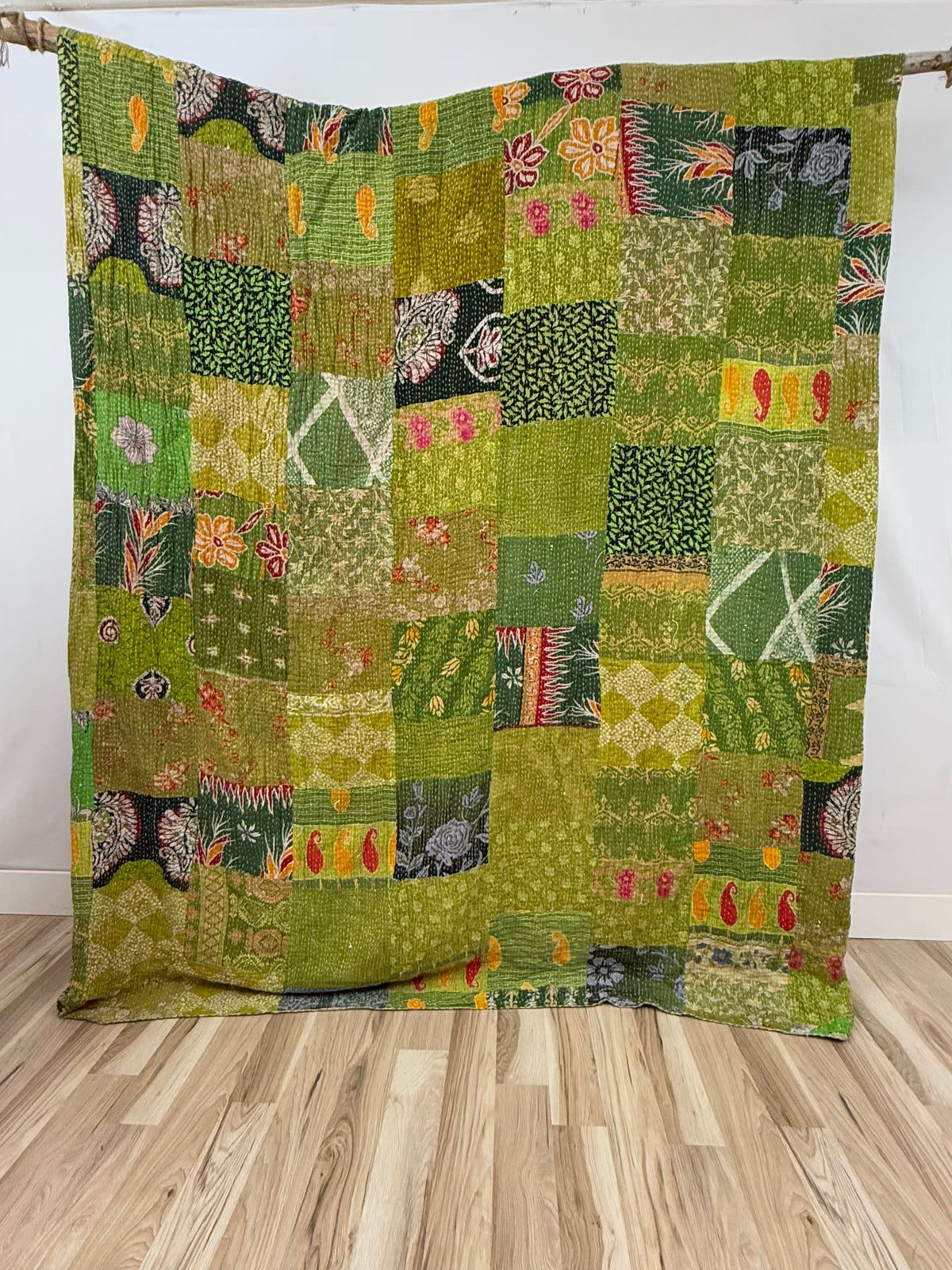 King size kantha quilt made from vintage saris, patchwork cotton.