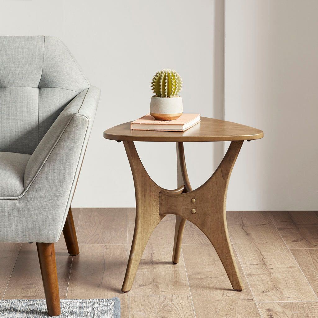 Ink Ivy Blaze Mid Century Modern triangle side table, natural elm wood finish.