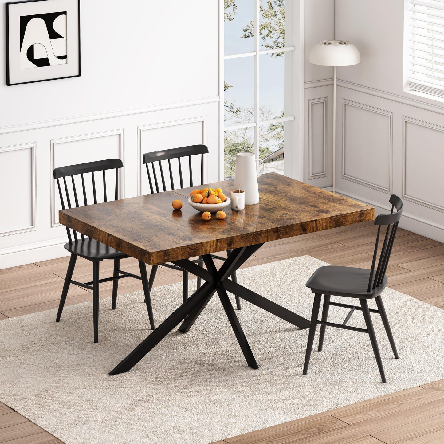 Expandable Retro Rectangular Dining Table with Antique Wood Top and Black Iron Base, Includes Storage Box, Seats 6