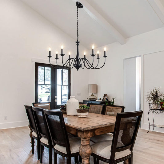 Adjustable Height Black Farmhouse Chandelier With Eight Lights For Dining Room