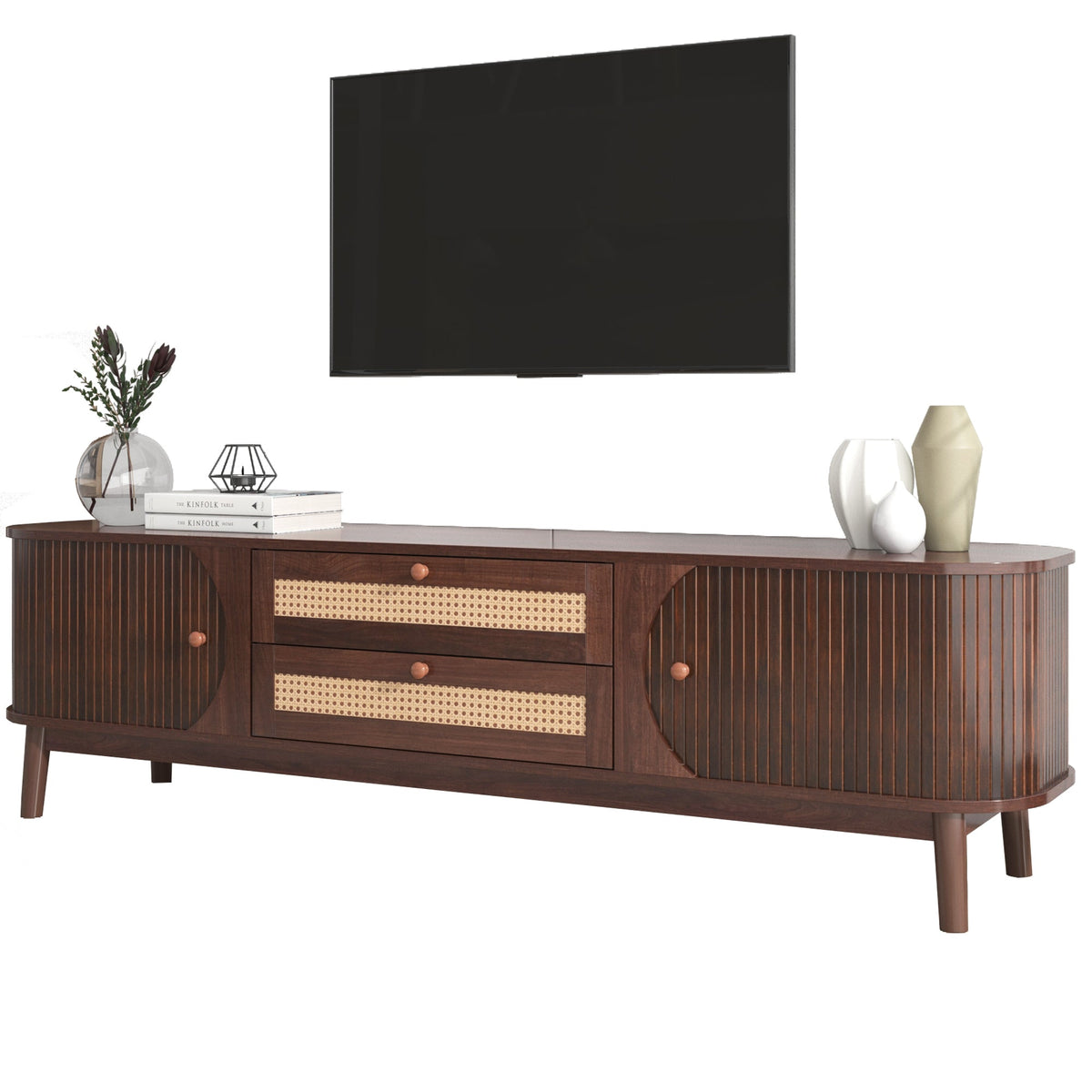 Modern farmhouse rattan TV stand, 60-69 inch, fits TVs up to 75 inch.