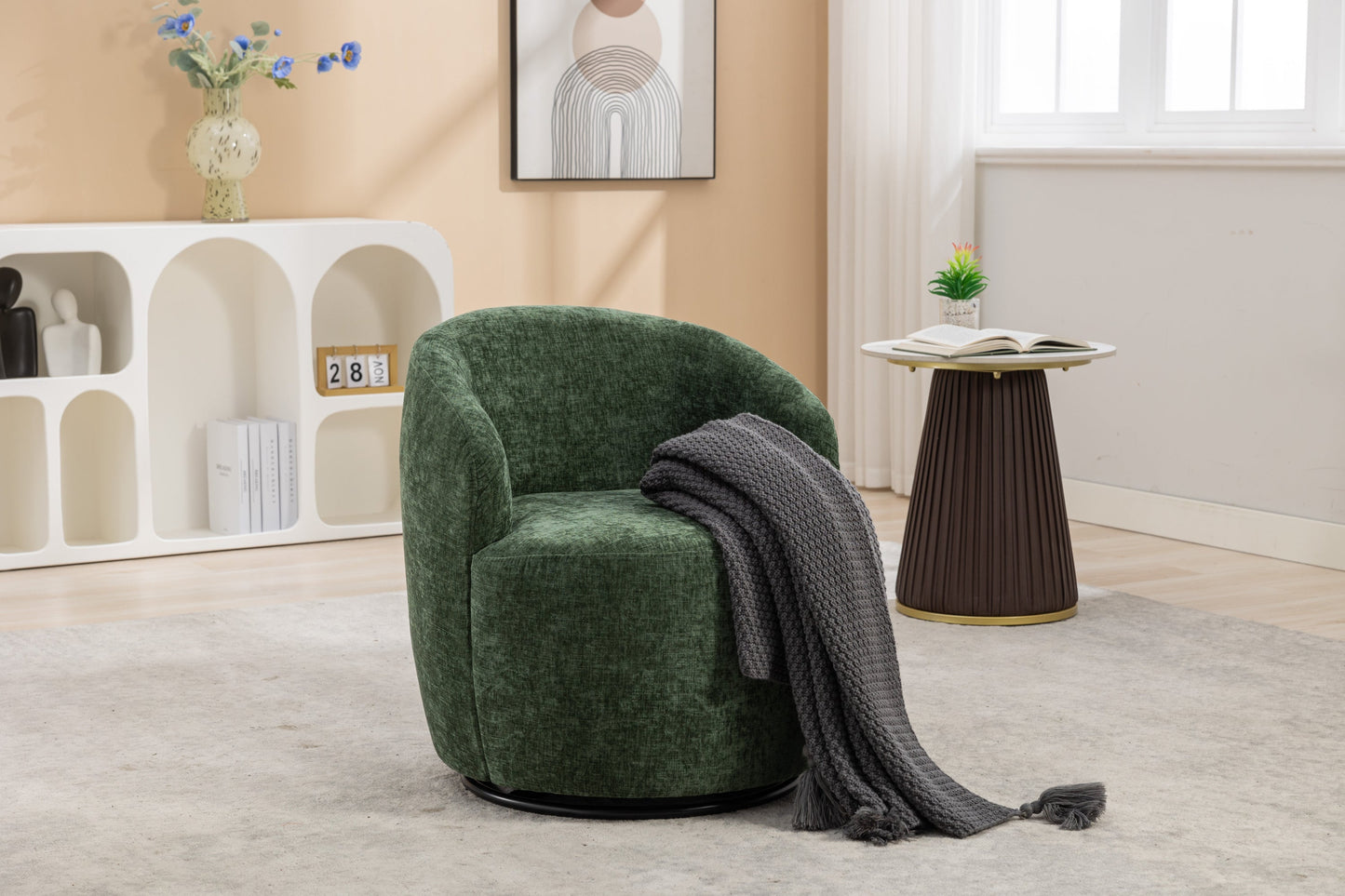 Rotating Chenille Accent Chair with Black Metal Base