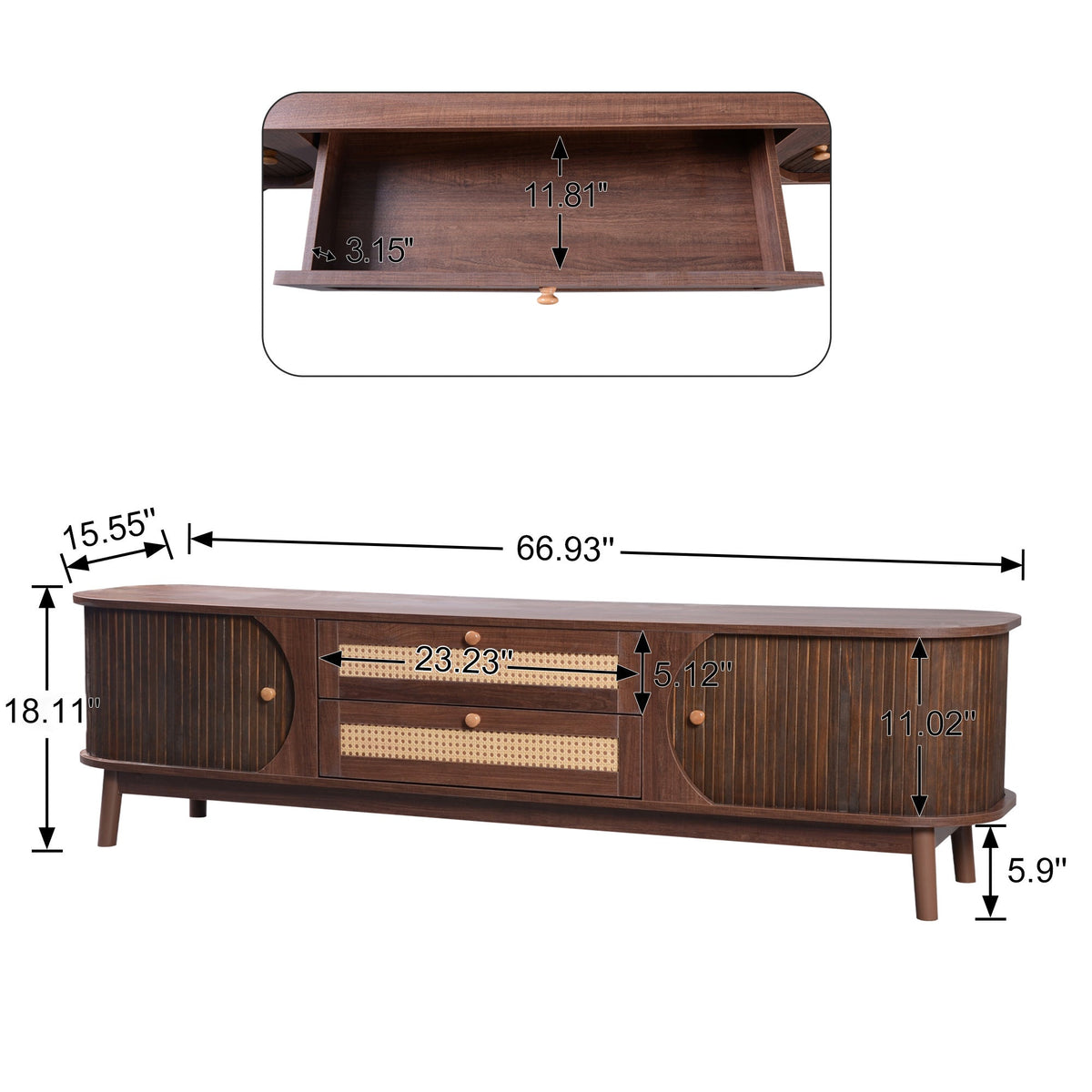 Modern farmhouse rattan TV stand in natural finish, 60-69 inches wide.