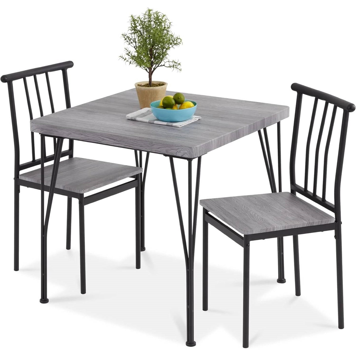 Modern 3-Piece Metal Frame Dining Set with Grey Wood Top, Two Chairs, 286 Lbs Capacity for Compact Spaces