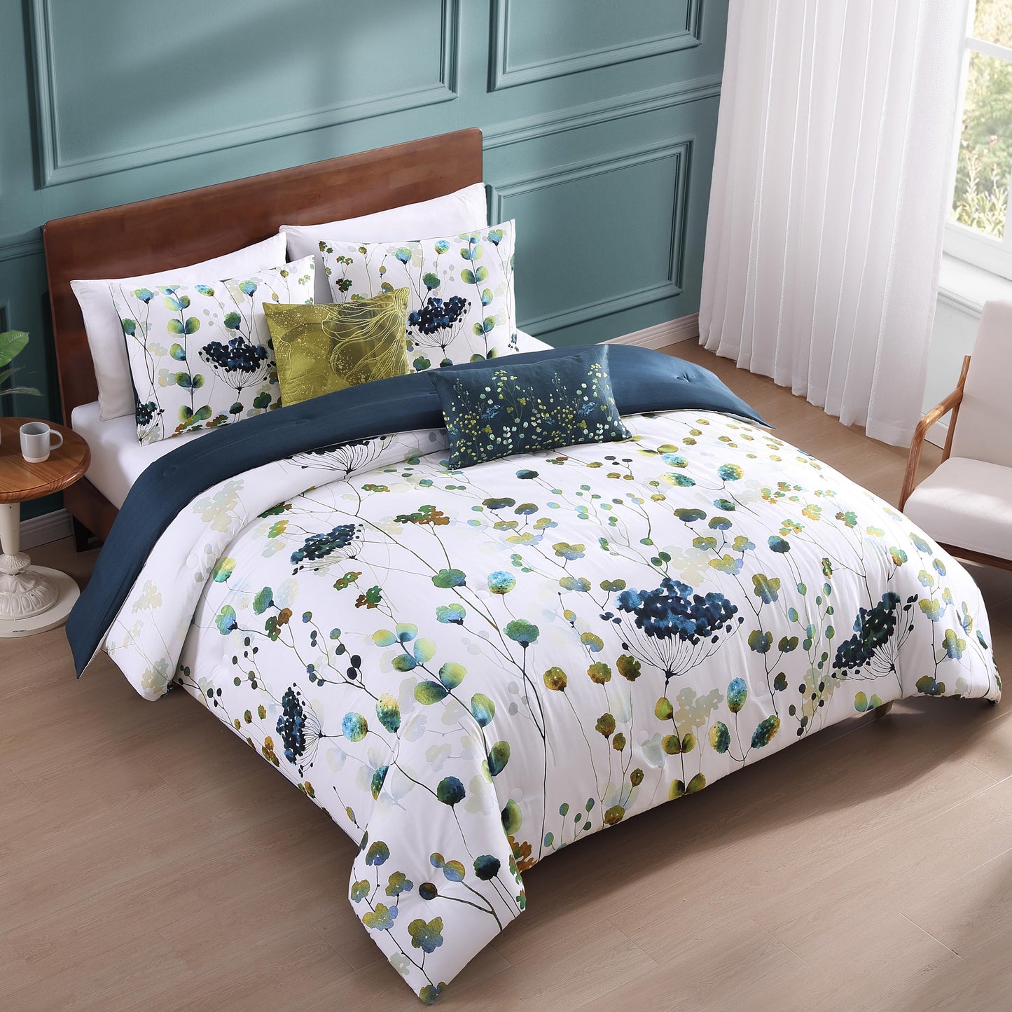 Bebejan Navy & Gold Floral Reversible Comforter Set - 5 Piece Collection