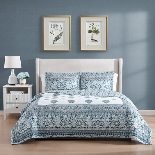 Transform your bedroom with the Bebejan Aquamarine Medallion 3 Piece Reversible Coverlet Set, featuring elegant aqua patterns.