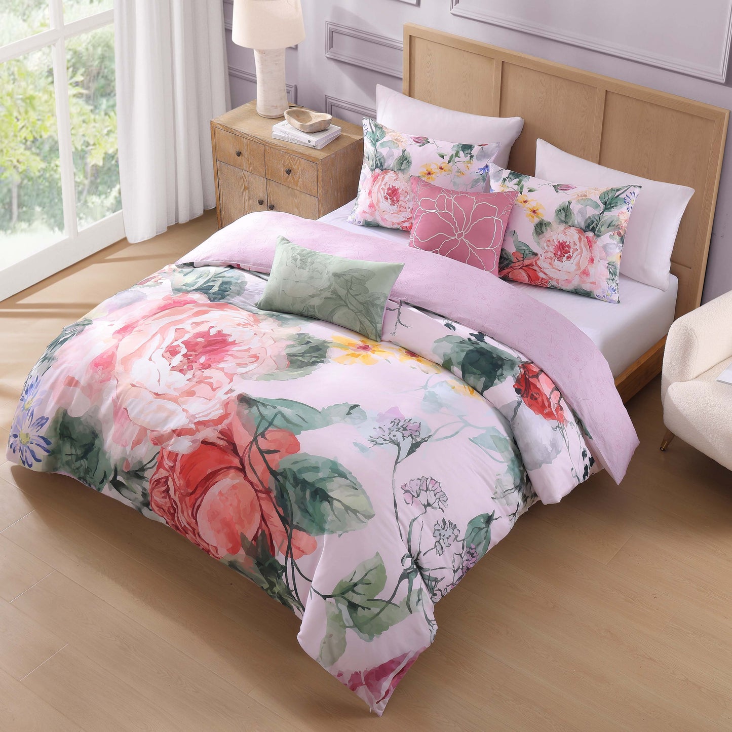 Romantic Elegance Pink Floral Reversible 5-Piece Comforter Set