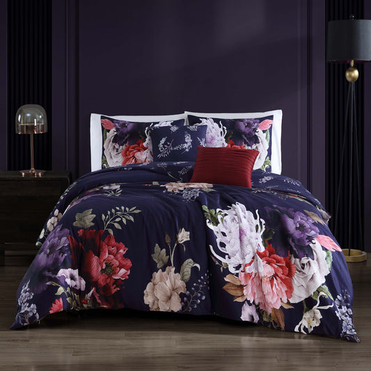 Bebejan Deep Purple Garden 100% Cotton 5-Piece Set features vibrant floral designs on a rich eggplant background.