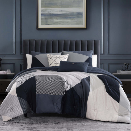 Geo Fusion 5 Piece Reversible Comforter Set Navy Grey Ivory
