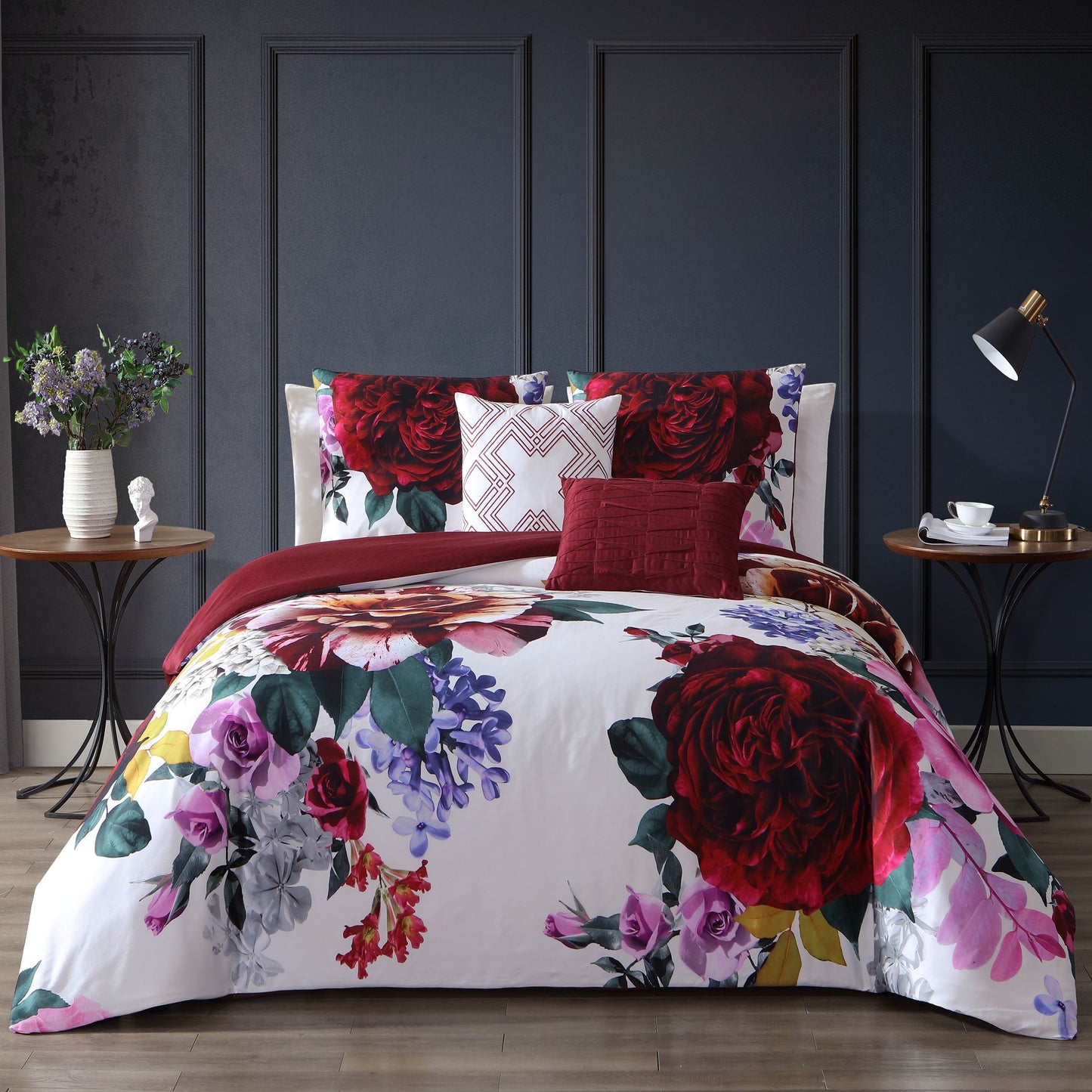 Bebejan Blooming Magenta Floral 5 Piece Reversible Cotton Comforter Set