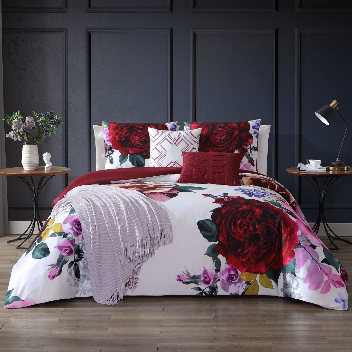 Bebejan Blooming Magenta Floral 5 Piece Reversible Cotton Comforter Set