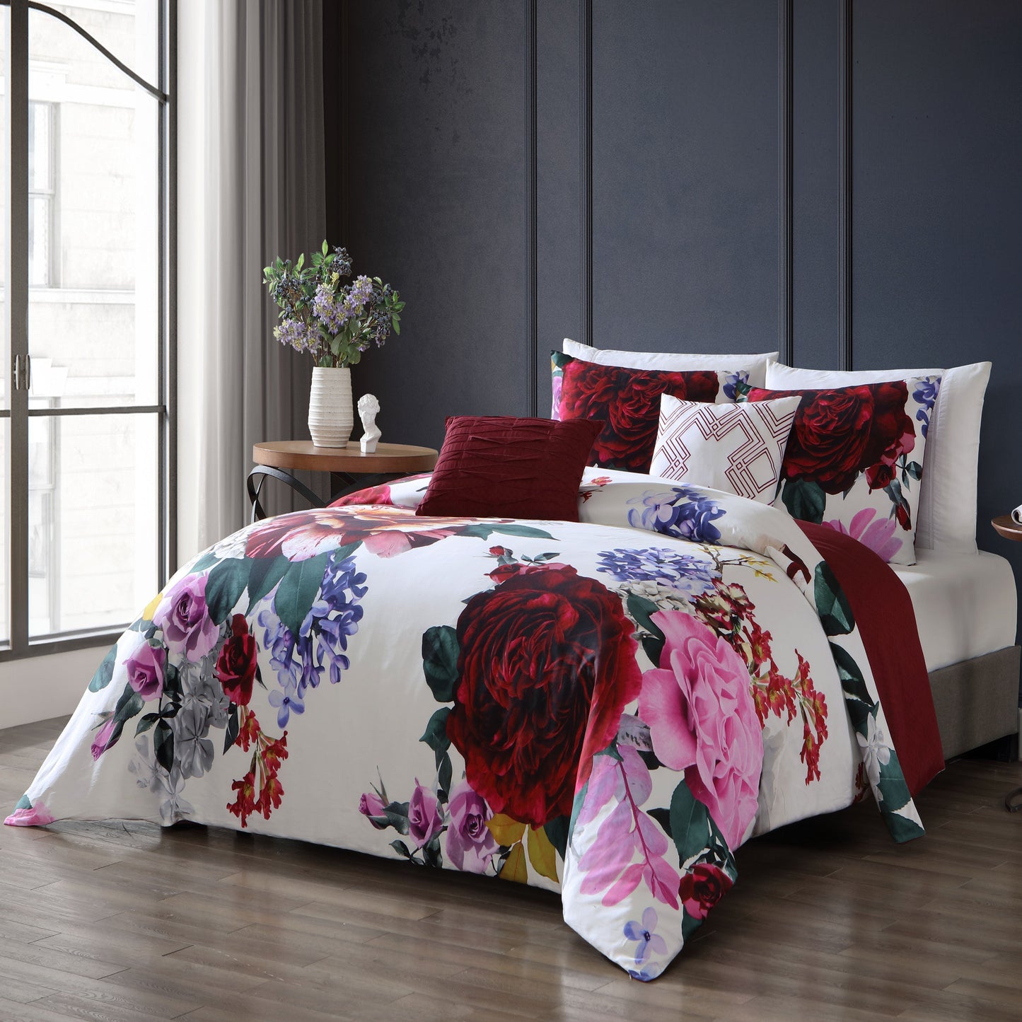 Bebejan Blooming Magenta Floral 5 Piece Reversible Cotton Comforter Set