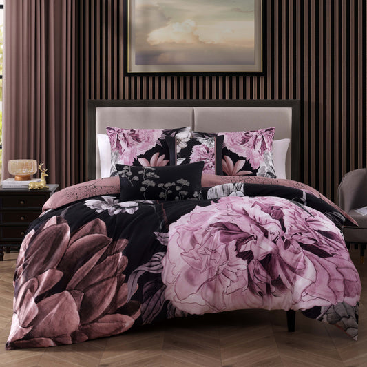 Transform your space with the Bebejan Midnight Meadow 5 Piece Reversible Comforter Set featuring floral designs on dark tones.