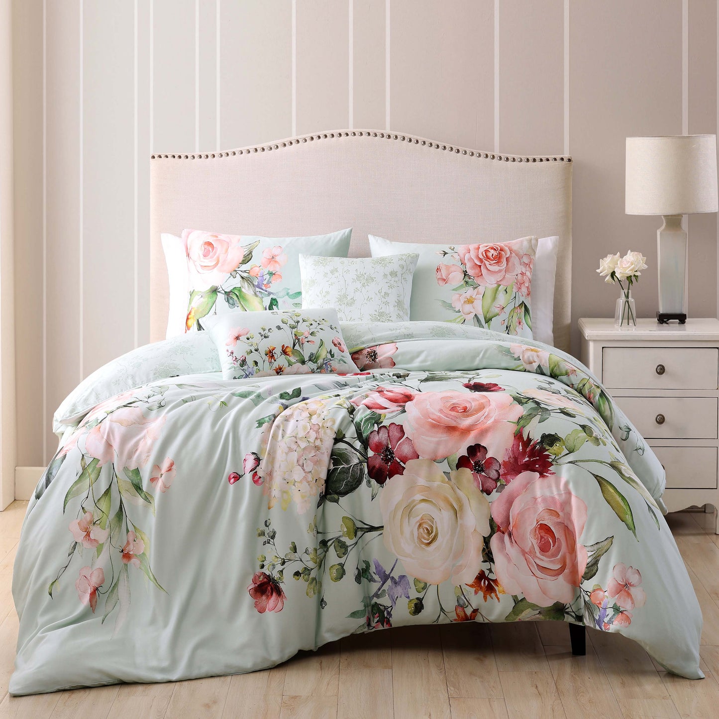 Misty Green Floral Elegance 5-Piece Reversible Comforter Set