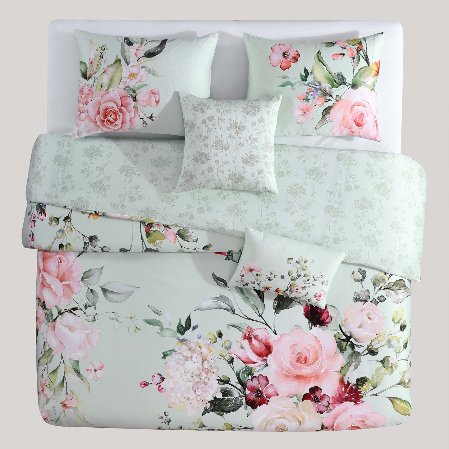 Misty Green Floral Elegance 5-Piece Reversible Comforter Set