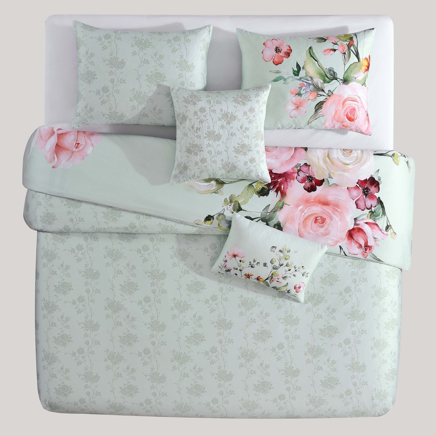 Misty Green Floral Elegance 5-Piece Reversible Comforter Set