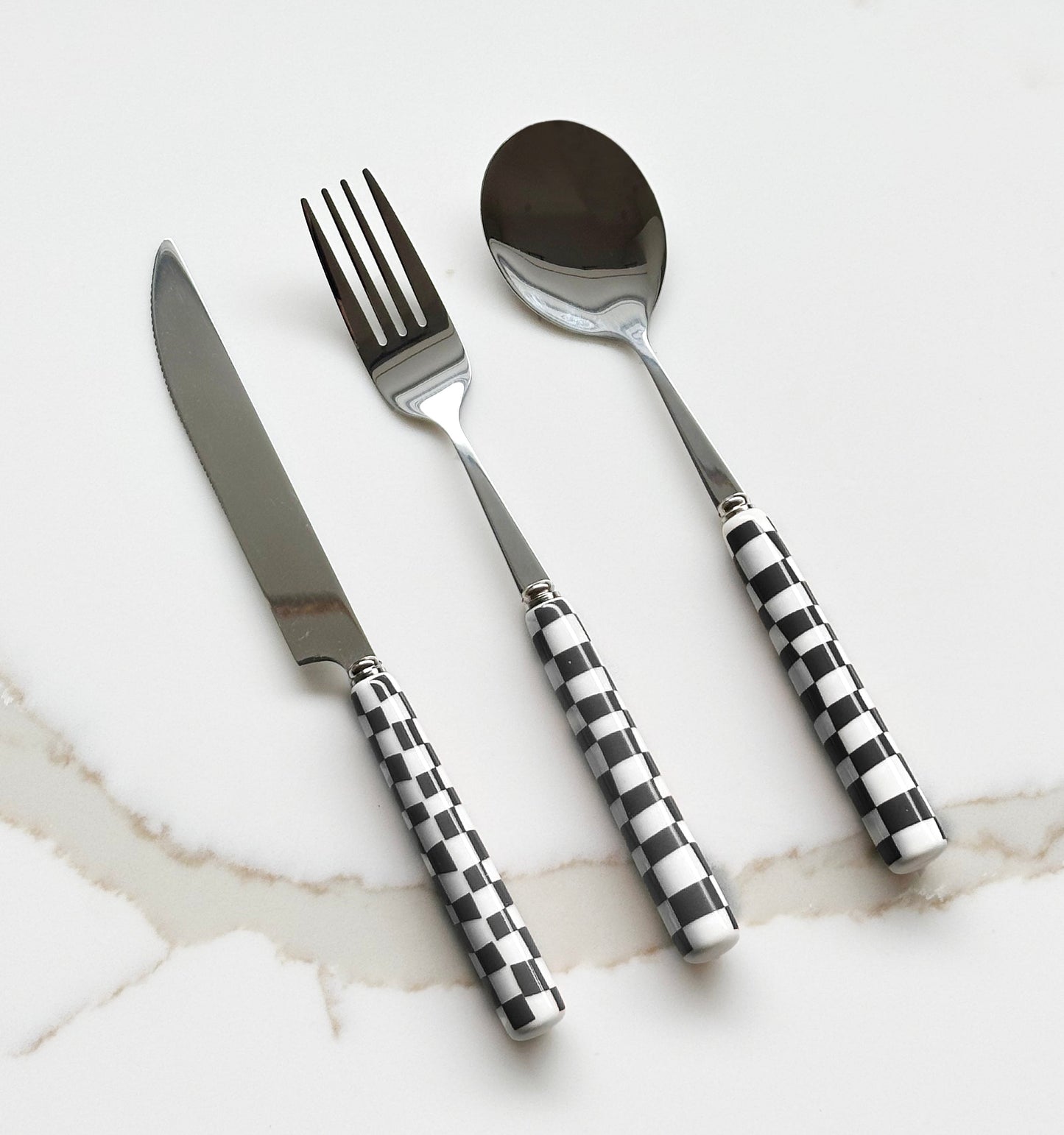 Checkered Flatware Set - Hand-Painted Stylish Dining Set