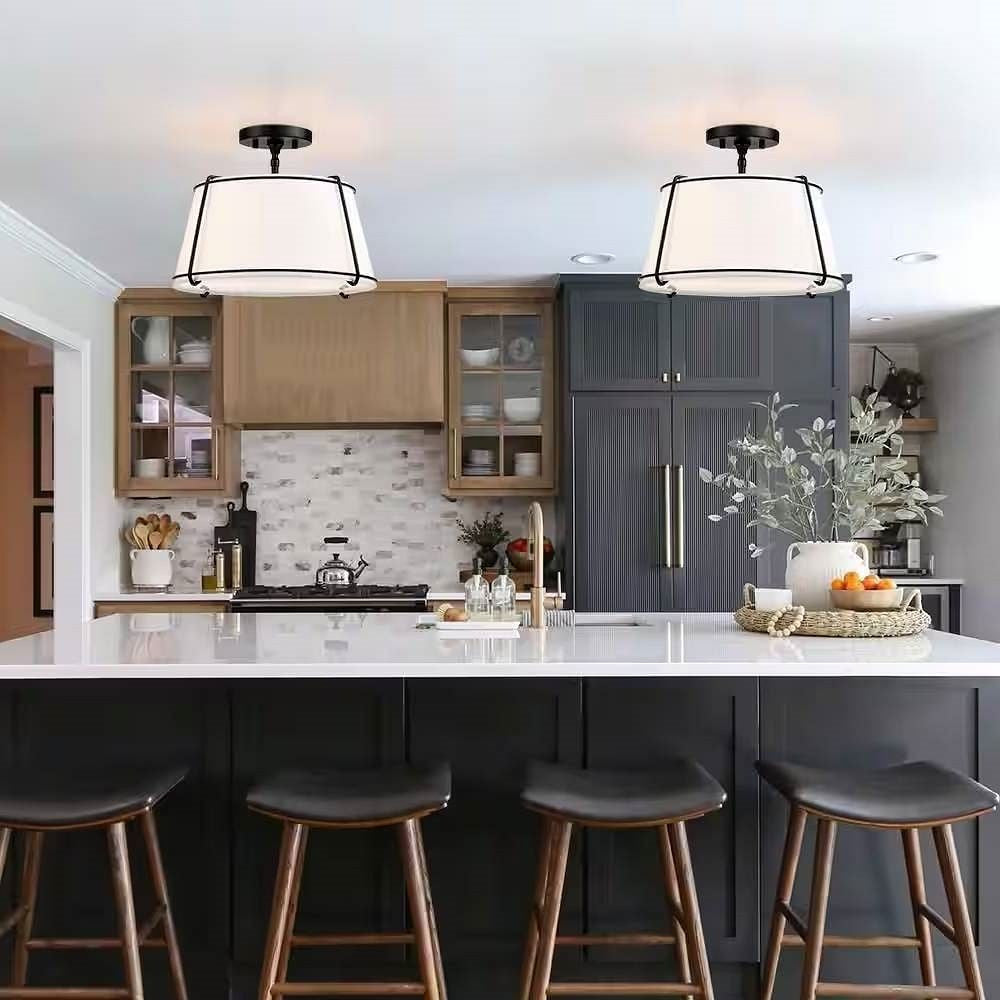 Modern 2-Light Round 15-Inch White Drum Ceiling Light with Black Metal Semi-Flush Mount