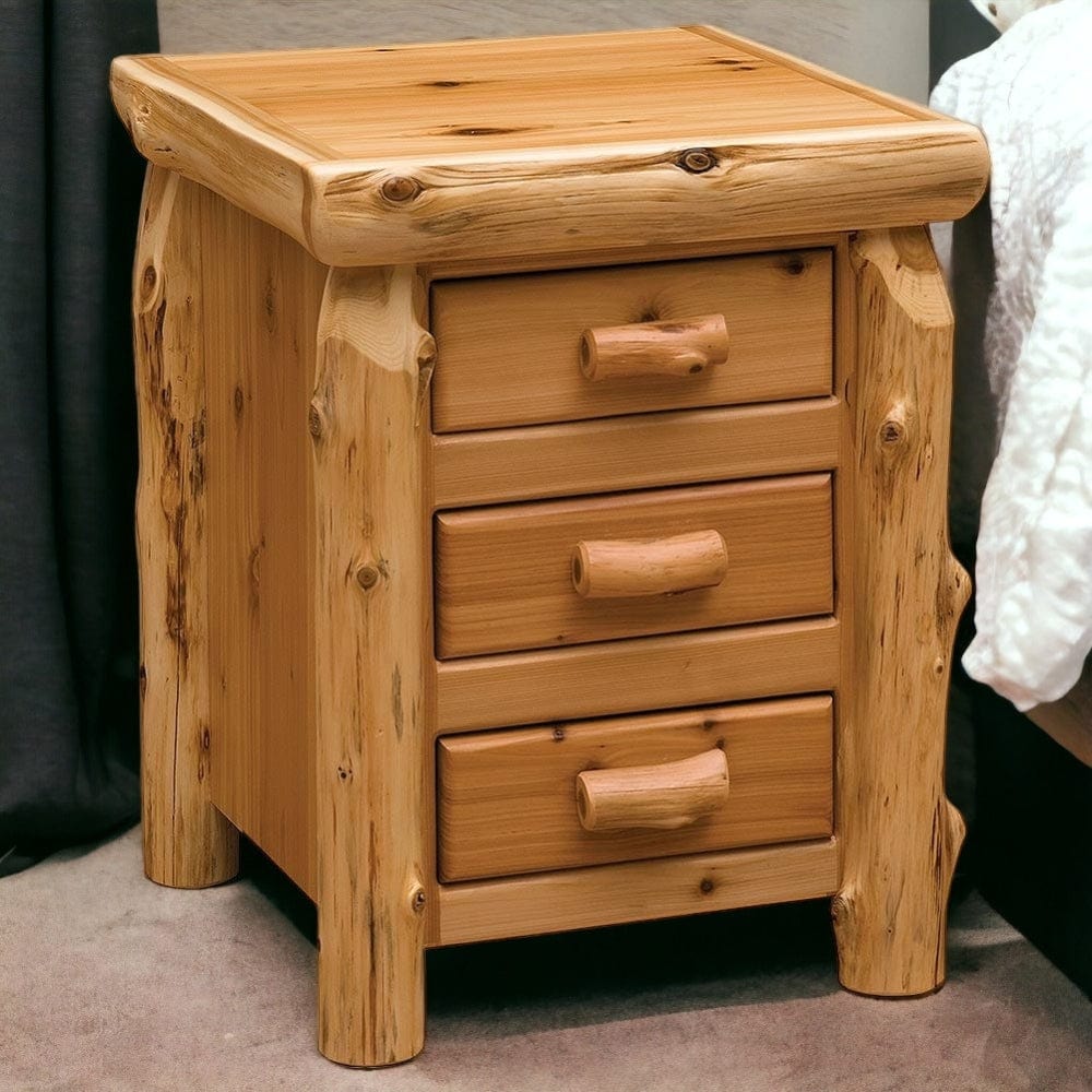 Rustic Cedar Log Nightstand with Three Drawers