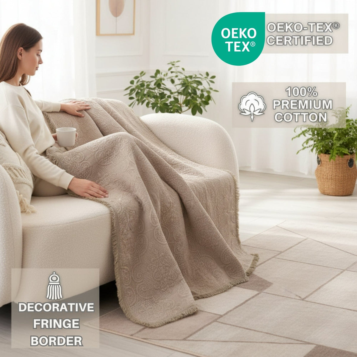 Elegant taupe beige paisley quilted throw blanket with fringe, 50x60 inches.