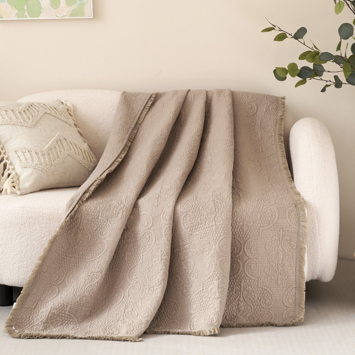 Elegant taupe beige paisley quilted throw blanket with fringe, 50x60 inches.