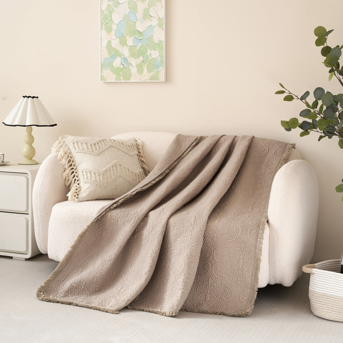 Taupe beige 50x60 fringed paisley quilted throw blanket