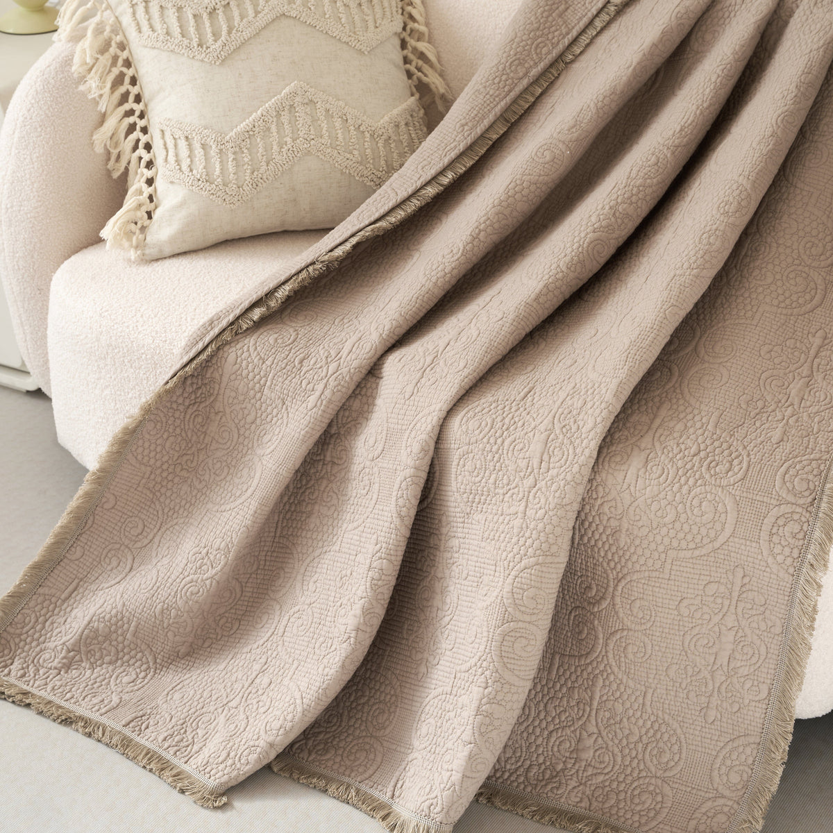 Taupe beige 50x60 fringed paisley quilted throw blanket.