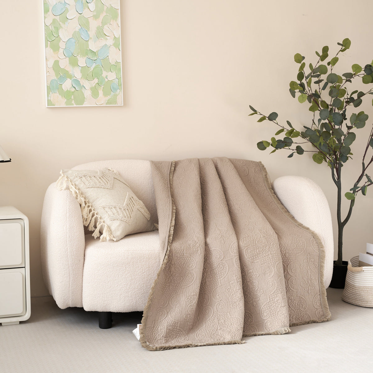 Elegant taupe beige 50x60 paisley quilted fringed throw blanket