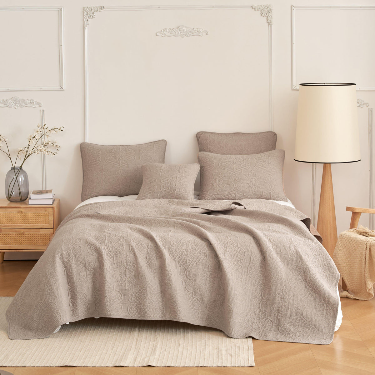 Taupe beige matelasse cotton quilted bedspread set with decorative stitching.