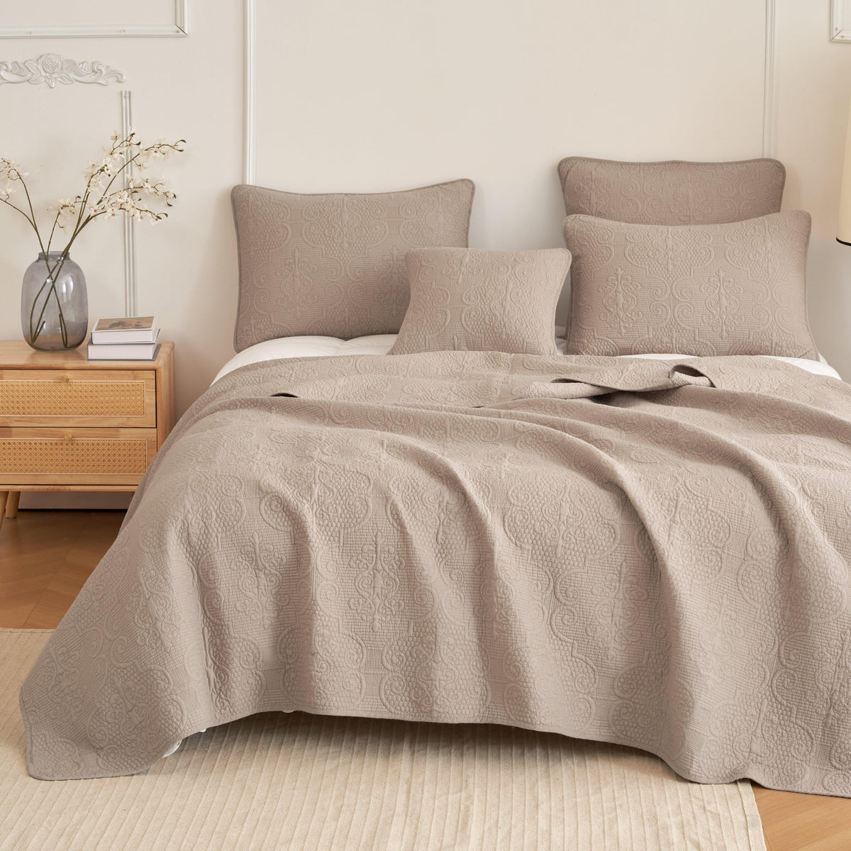 Taupe beige matelasse cotton quilted bedspread set detail