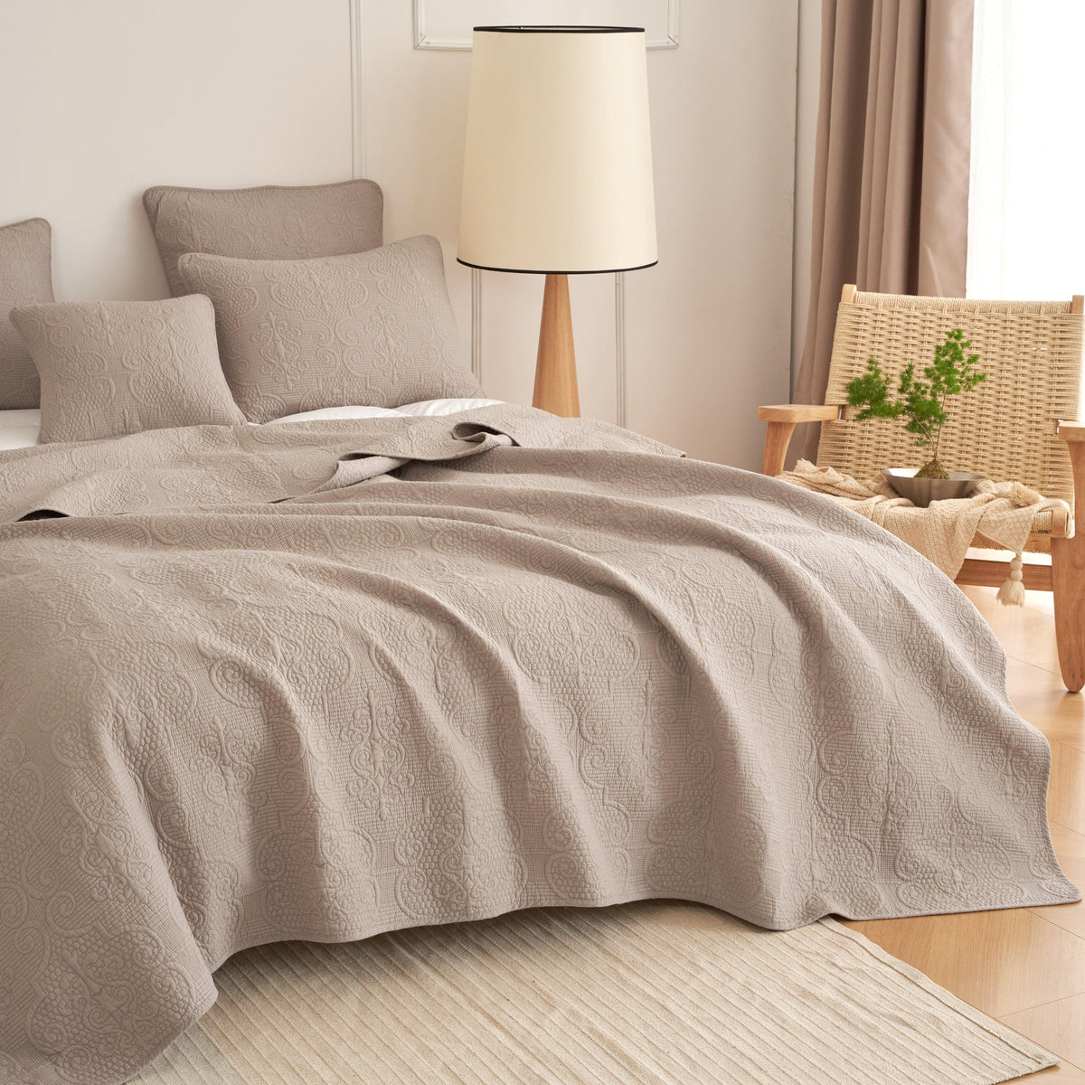 Taupe beige matelasse cotton quilted bedspread set detail