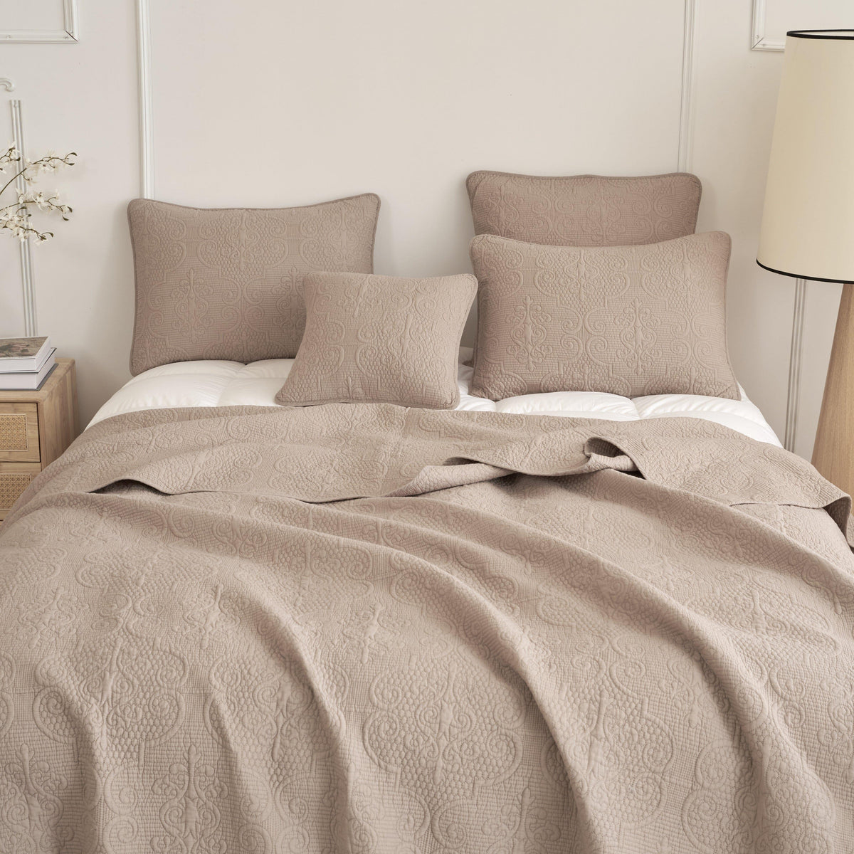 Taupe beige matelasse cotton quilted bedspread set with pillow shams.
