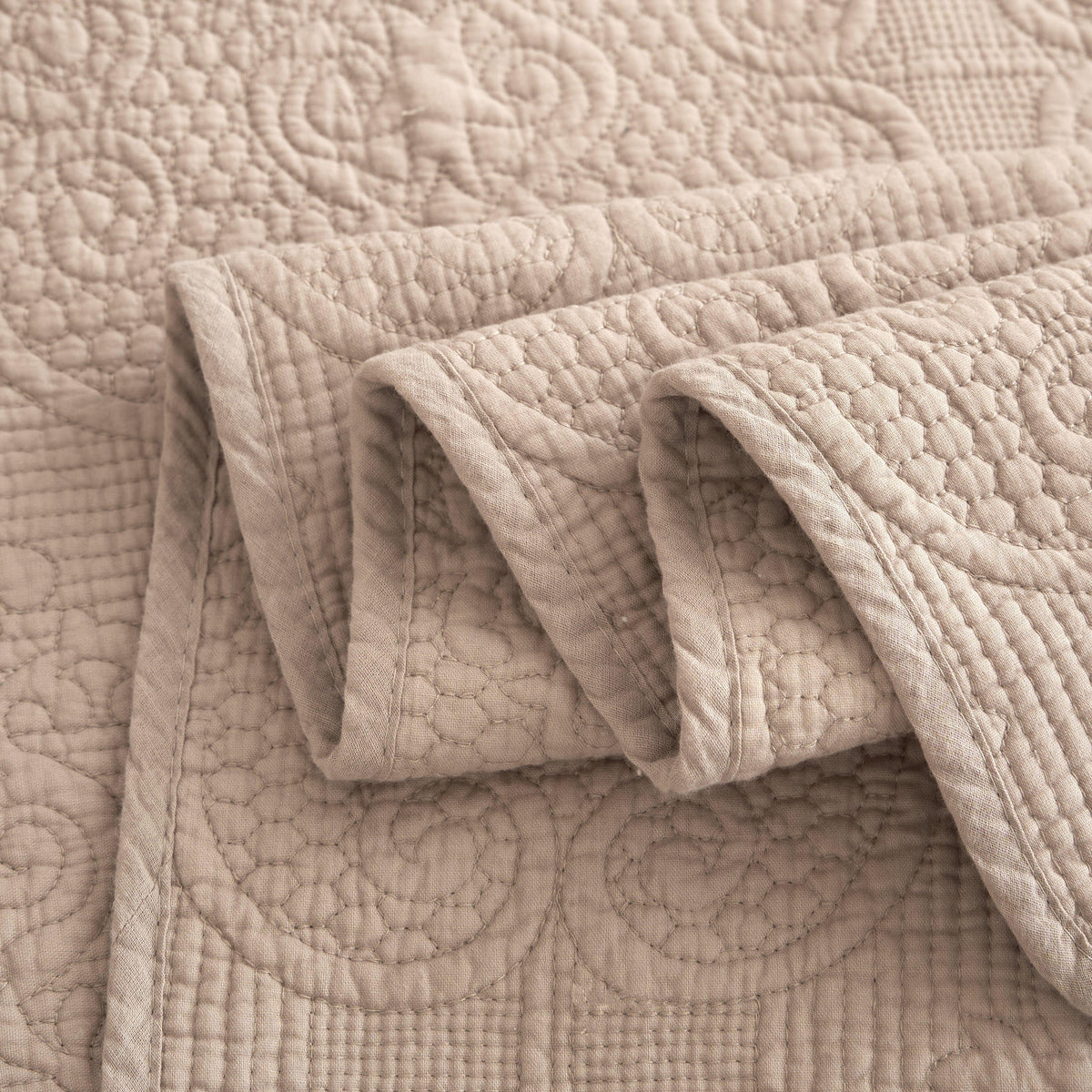Elegant taupe beige matelasse quilted bedspread set detail