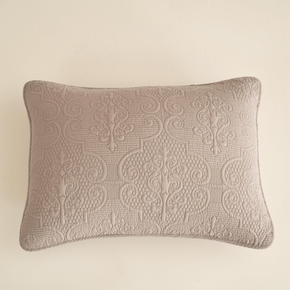 Taupe beige matelasse quilted bedspread set with intricate diamond pattern.