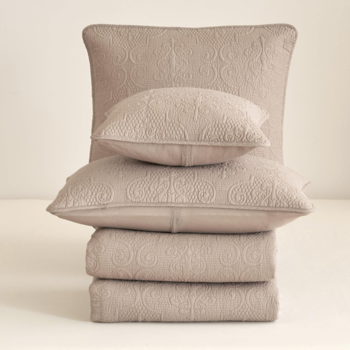 Taupe beige matelasse cotton quilted bedspread set