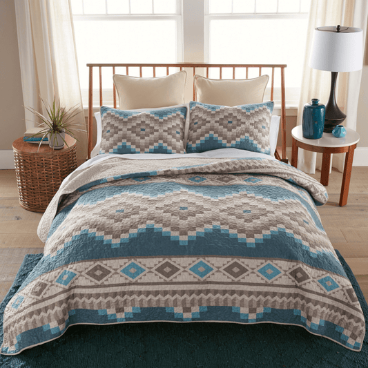 Transform your bedroom with the Desert Ridge Quilt Set, featuring soothing turquoise and sandy tones in a geometric design.